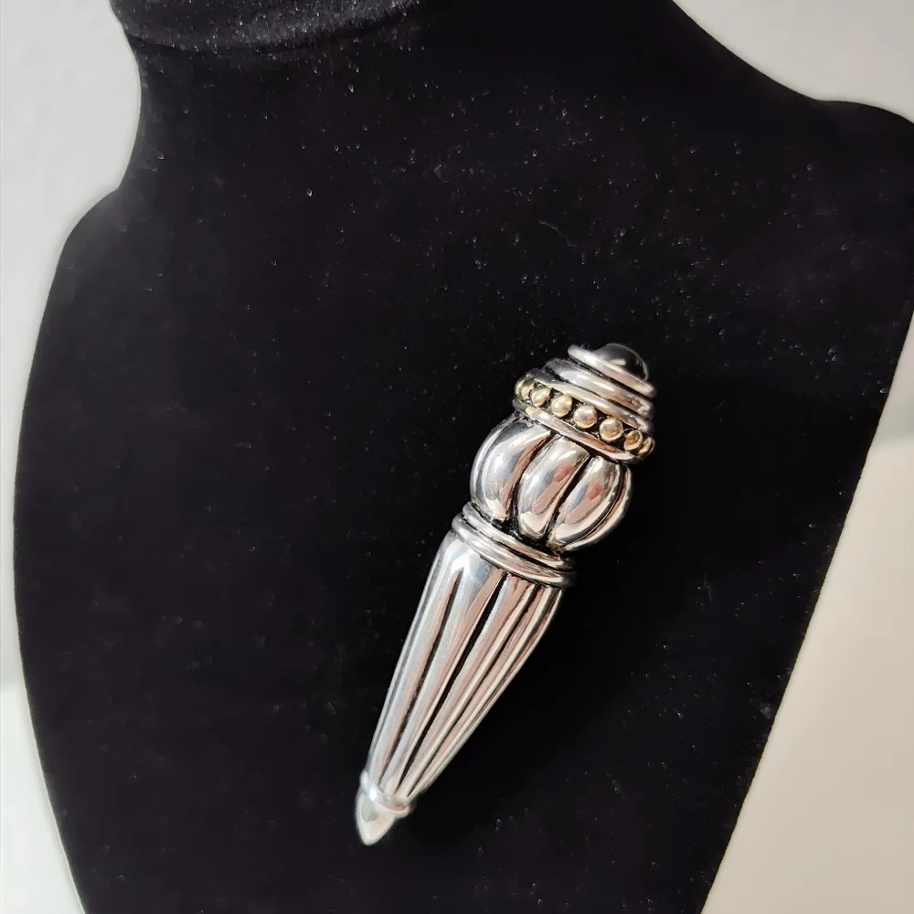Vintage Pat Airess Sterling Silver Fluted Torch design Black Onyx Brooch Pin